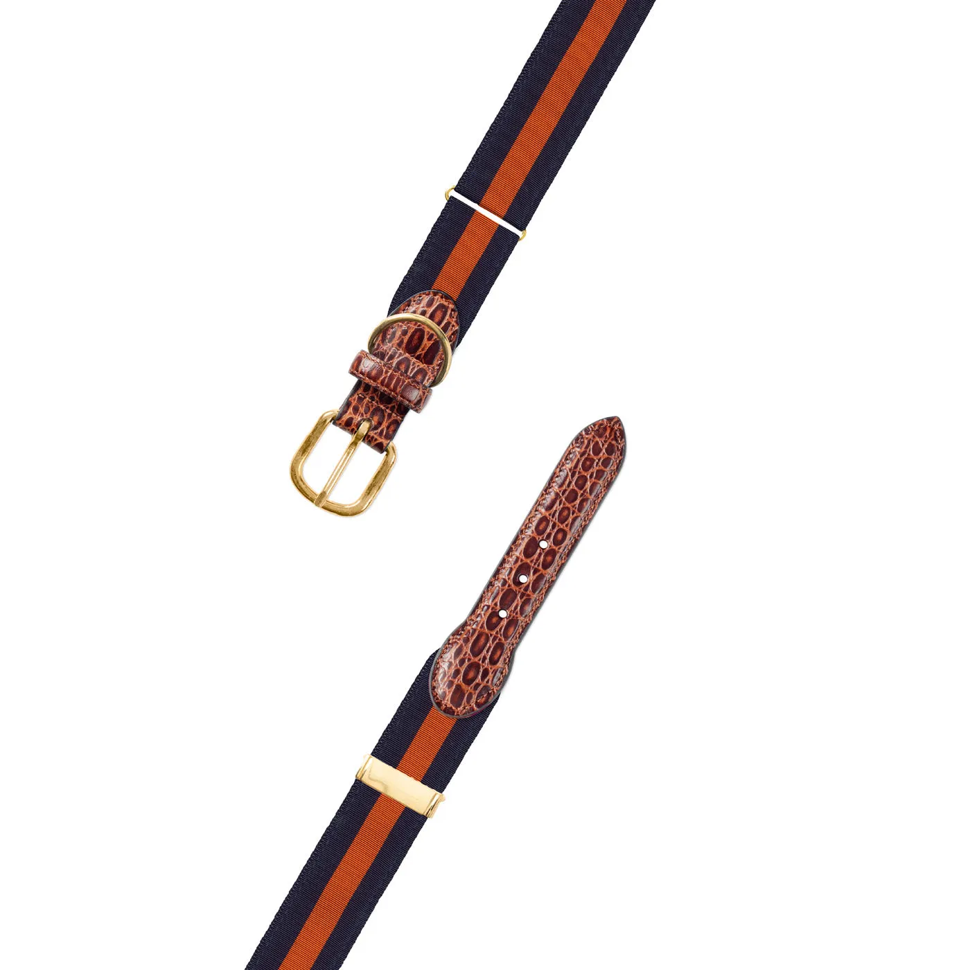 Adjustable Navy & Orange Grosgrain Dog Collar with Embossed Calf Tabs