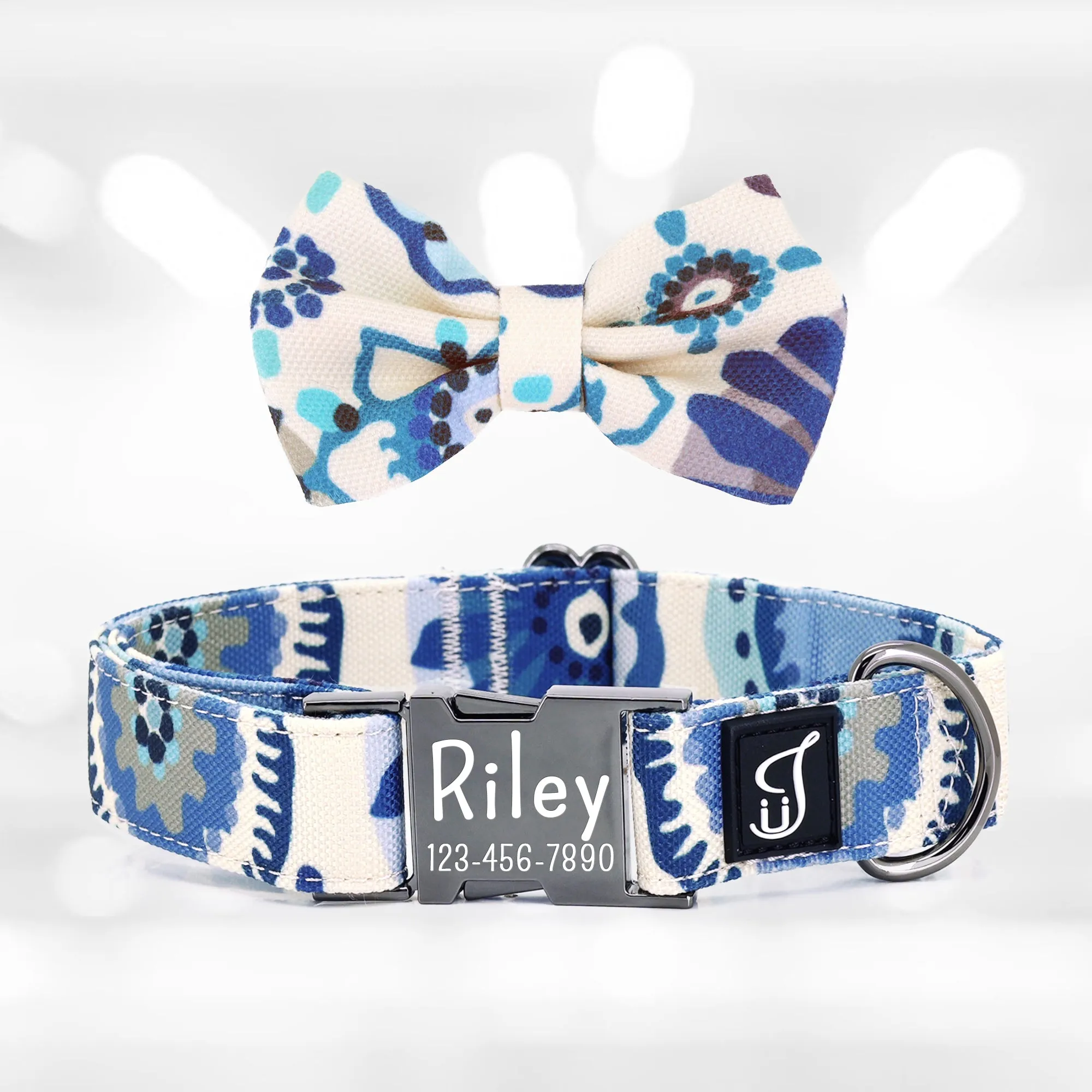Blue Daisy Dog Collar with Bow Tie