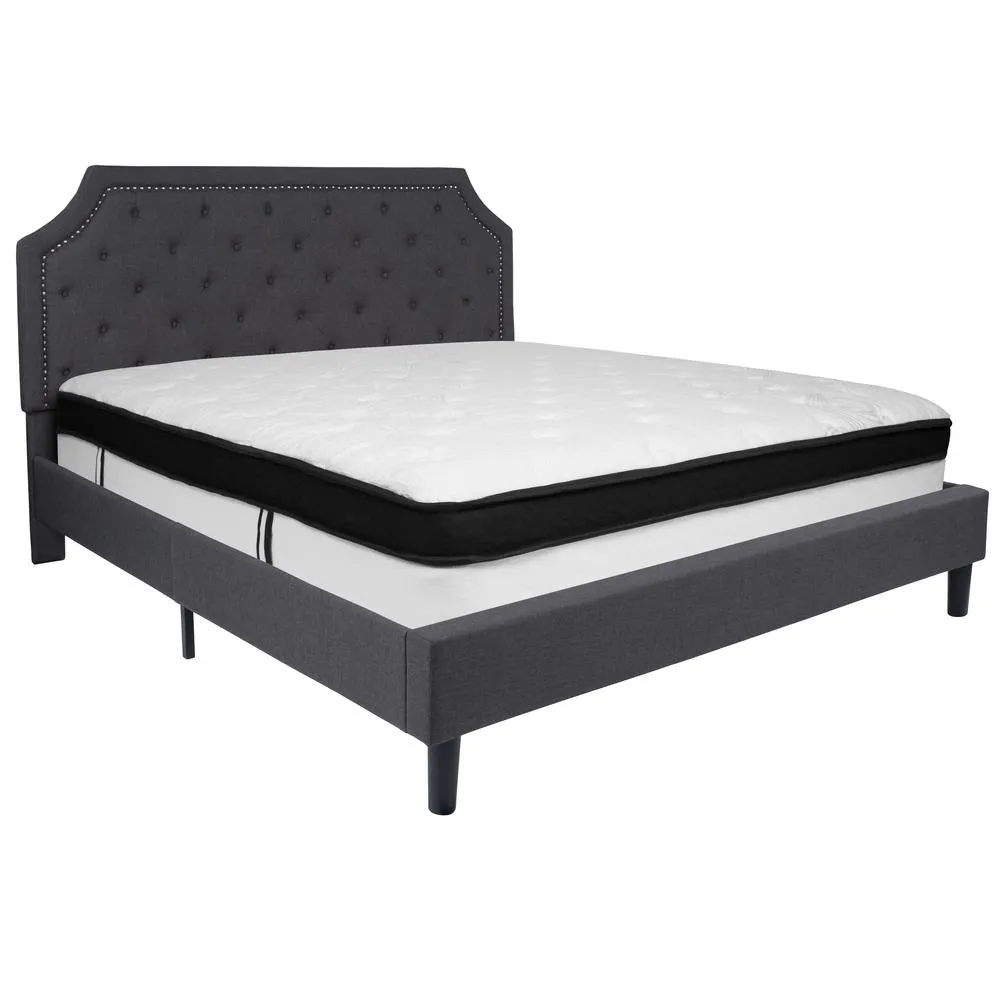 Brighton King Size Tufted Upholstered Platform Bed In Dark Gray Fabric With Memory Foam Mattress By Flash Furniture