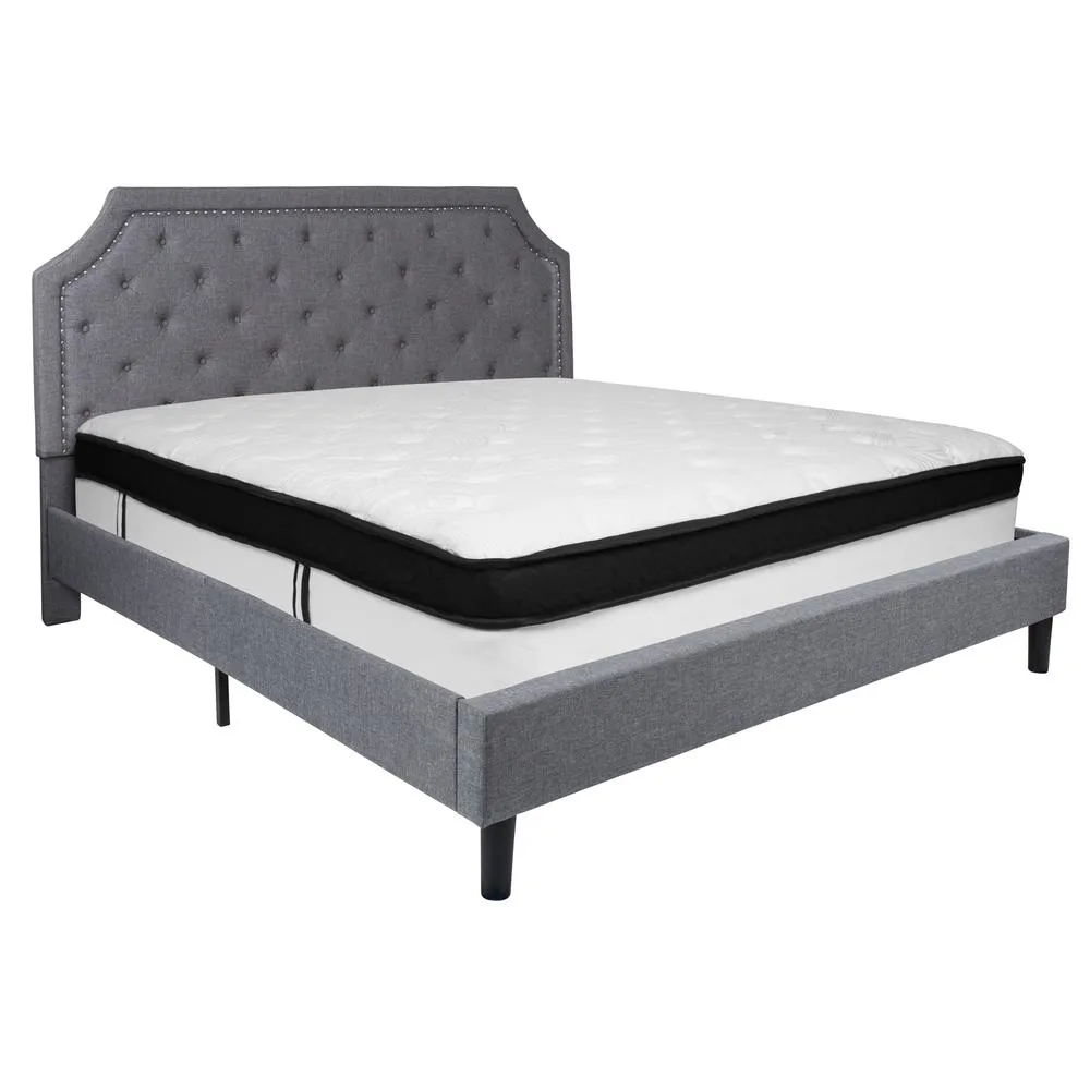 Brighton King Size Tufted Upholstered Platform Bed In Light Gray Fabric With Memory Foam Mattress By Flash Furniture