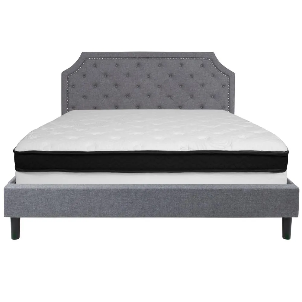 Brighton King Size Tufted Upholstered Platform Bed In Light Gray Fabric With Memory Foam Mattress By Flash Furniture