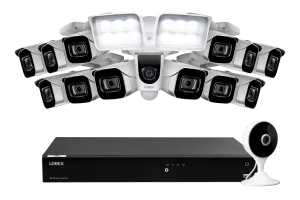 Lorex Fusion 4K (16 Camera Capable) 3TB Wired NVR System with 8 IP Bullet Cameras, One 1080P Floodlight and One 2K Indoor Wi-Fi Camera