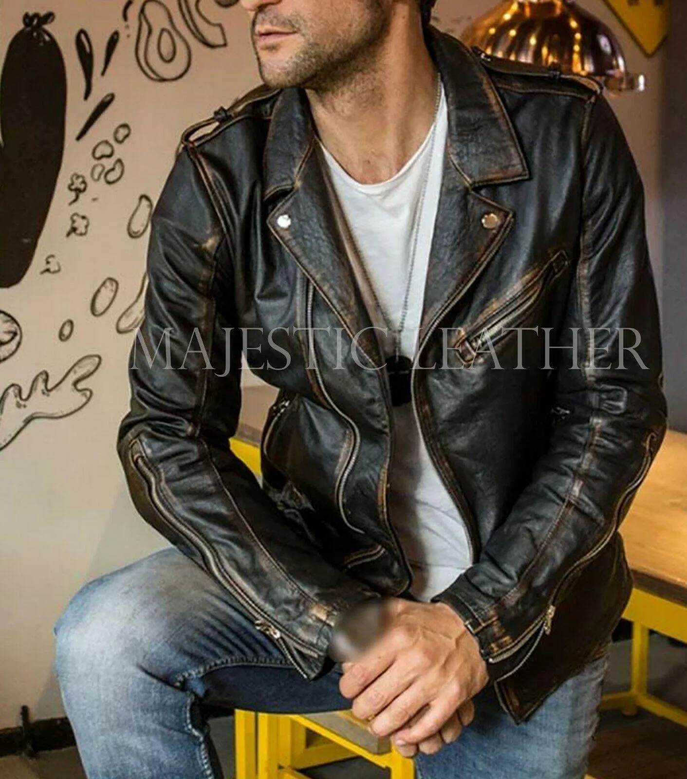 Men's New Milano Vintage Biker Black Racer Golden Seams PD Leather Jacket