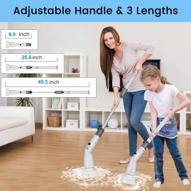 Musment Electric Spin Scrubber , Cordless Cleaning Brush with 4 Heads & Extension Handle Power Shower Scrubber for Bathroom Kitchen Tile Floor