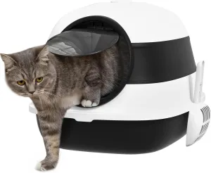 PawHut Cat Litter Box with Lid, Covered Litter Box w/High Sides, Air Freshener, Large Two-Way Entrance Kitty Litter Box, Foldable, Easy Clean, White, and Black