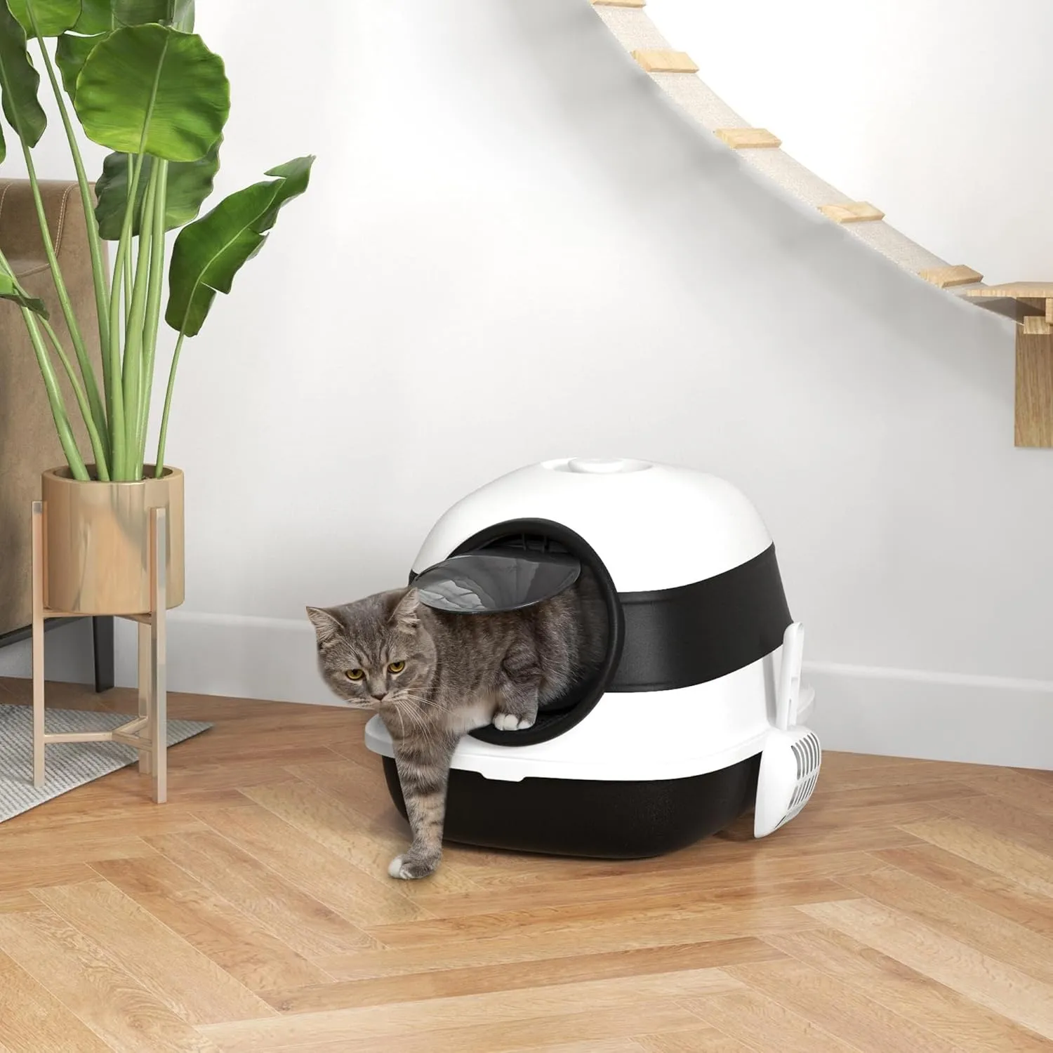 PawHut Cat Litter Box with Lid, Covered Litter Box w/High Sides, Air Freshener, Large Two-Way Entrance Kitty Litter Box, Foldable, Easy Clean, White, and Black