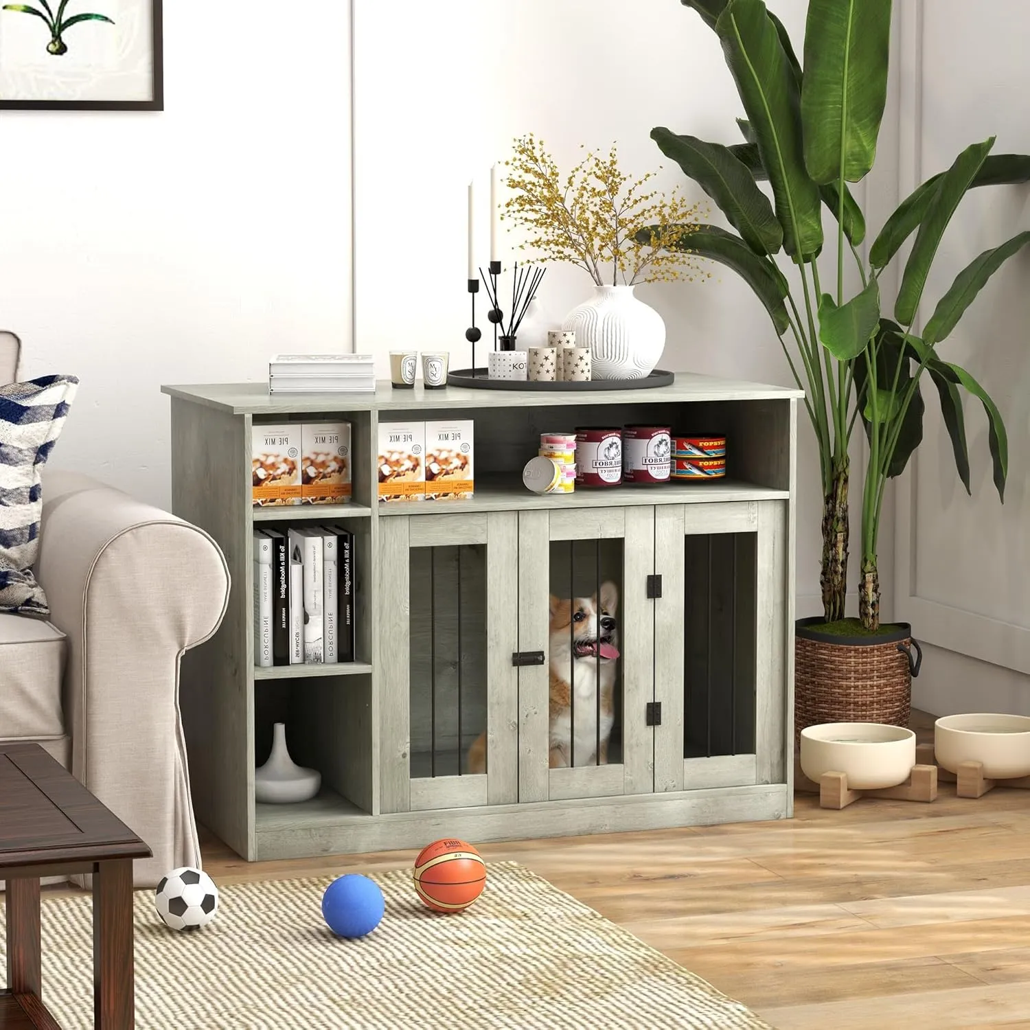 PawHut Dog Crate Furniture with Adjustable Shelf, Dog Crate End Table, Indoor Pet Crate for Medium and Large Dogs, with Large Flat Surface, 47" x 23.5" x 35", Gray