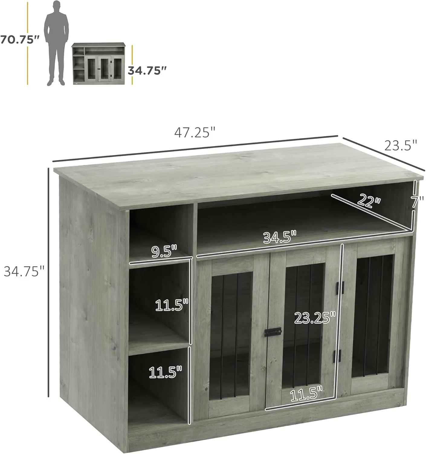 PawHut Dog Crate Furniture with Adjustable Shelf, Dog Crate End Table, Indoor Pet Crate for Medium and Large Dogs, with Large Flat Surface, 47" x 23.5" x 35", Gray