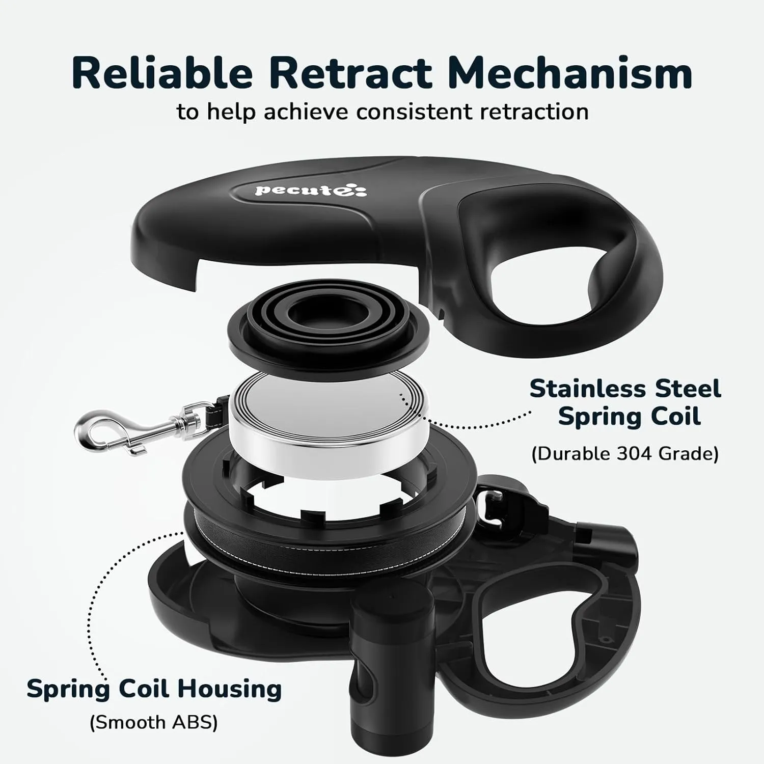 Pecute 32ft Retractable Dog Leash with Reflective Strips, 360 Tangle-Free, One-Button Control & Sturdiness Nylon Material, Long Leash Retractable with Poop Bag Holder for Medium Large Dog