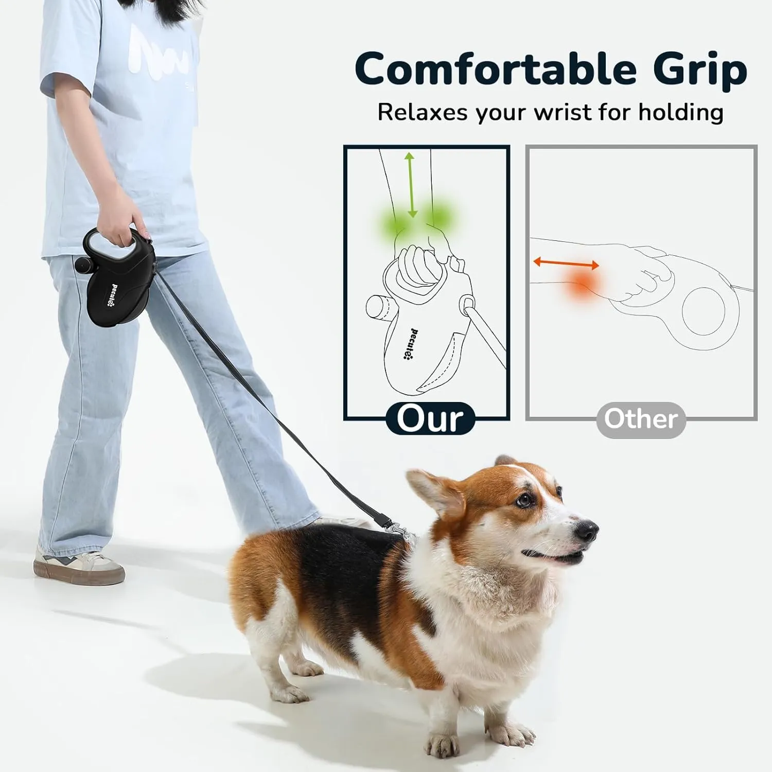Pecute 32ft Retractable Dog Leash with Reflective Strips, 360 Tangle-Free, One-Button Control & Sturdiness Nylon Material, Long Leash Retractable with Poop Bag Holder for Medium Large Dog