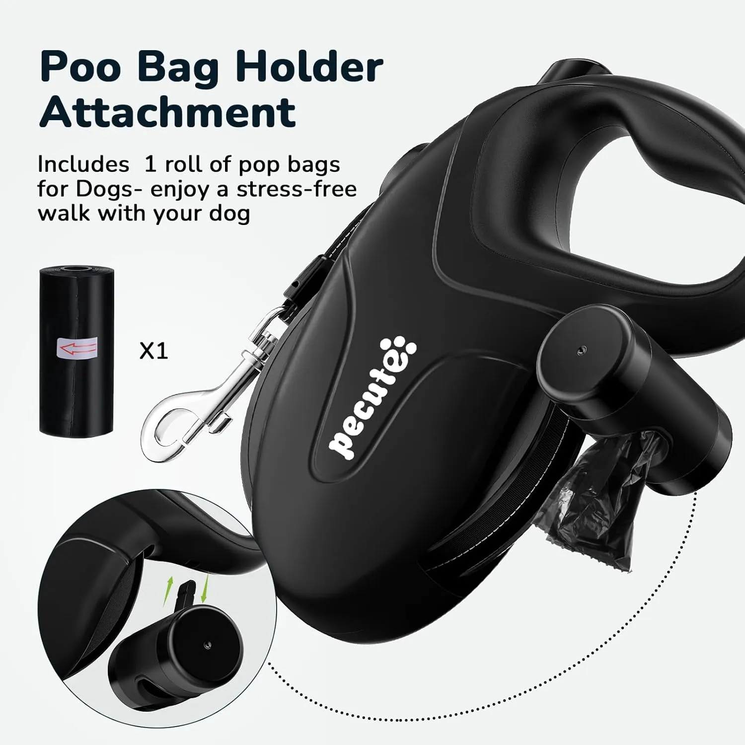 Pecute 32ft Retractable Dog Leash with Reflective Strips, 360 Tangle-Free, One-Button Control & Sturdiness Nylon Material, Long Leash Retractable with Poop Bag Holder for Medium Large Dog