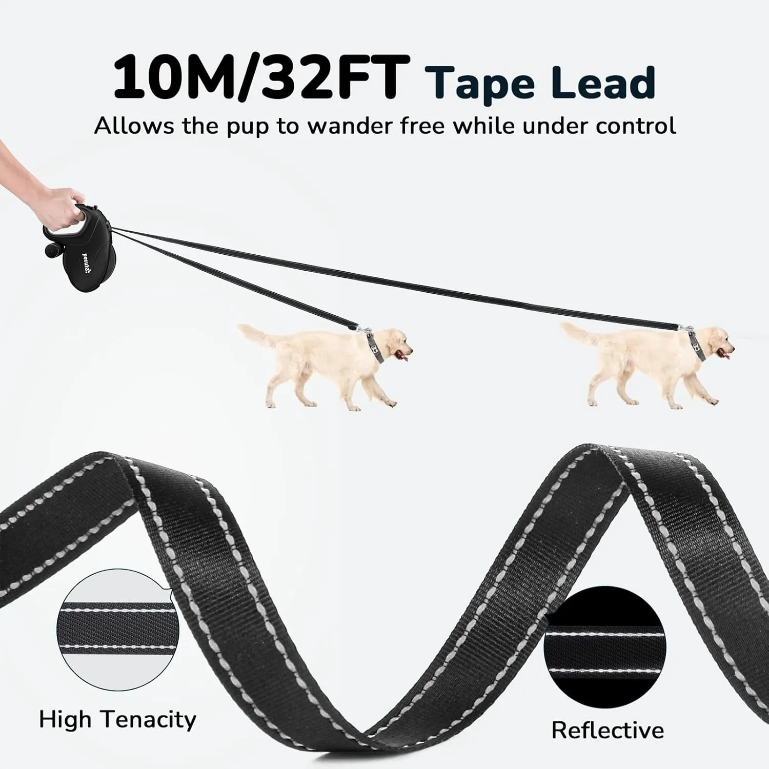 Pecute 32ft Retractable Dog Leash with Reflective Strips, 360 Tangle-Free, One-Button Control & Sturdiness Nylon Material, Long Leash Retractable with Poop Bag Holder for Medium Large Dog