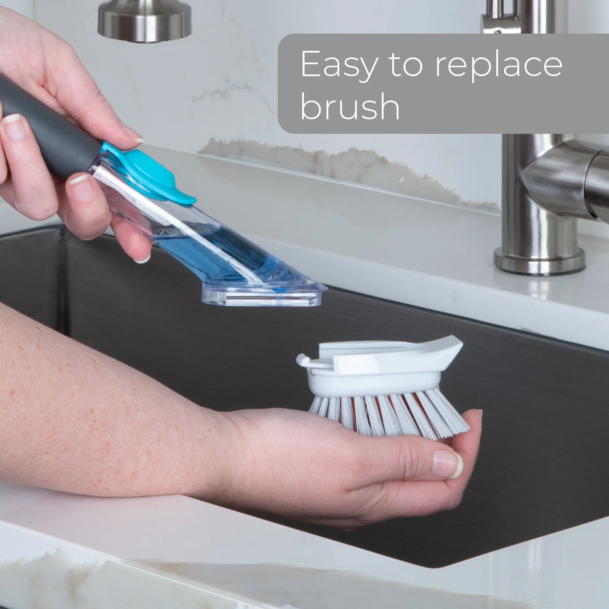 Replacement Brush Head with Built-In Scraper for Soap Dispensing Dish Wand