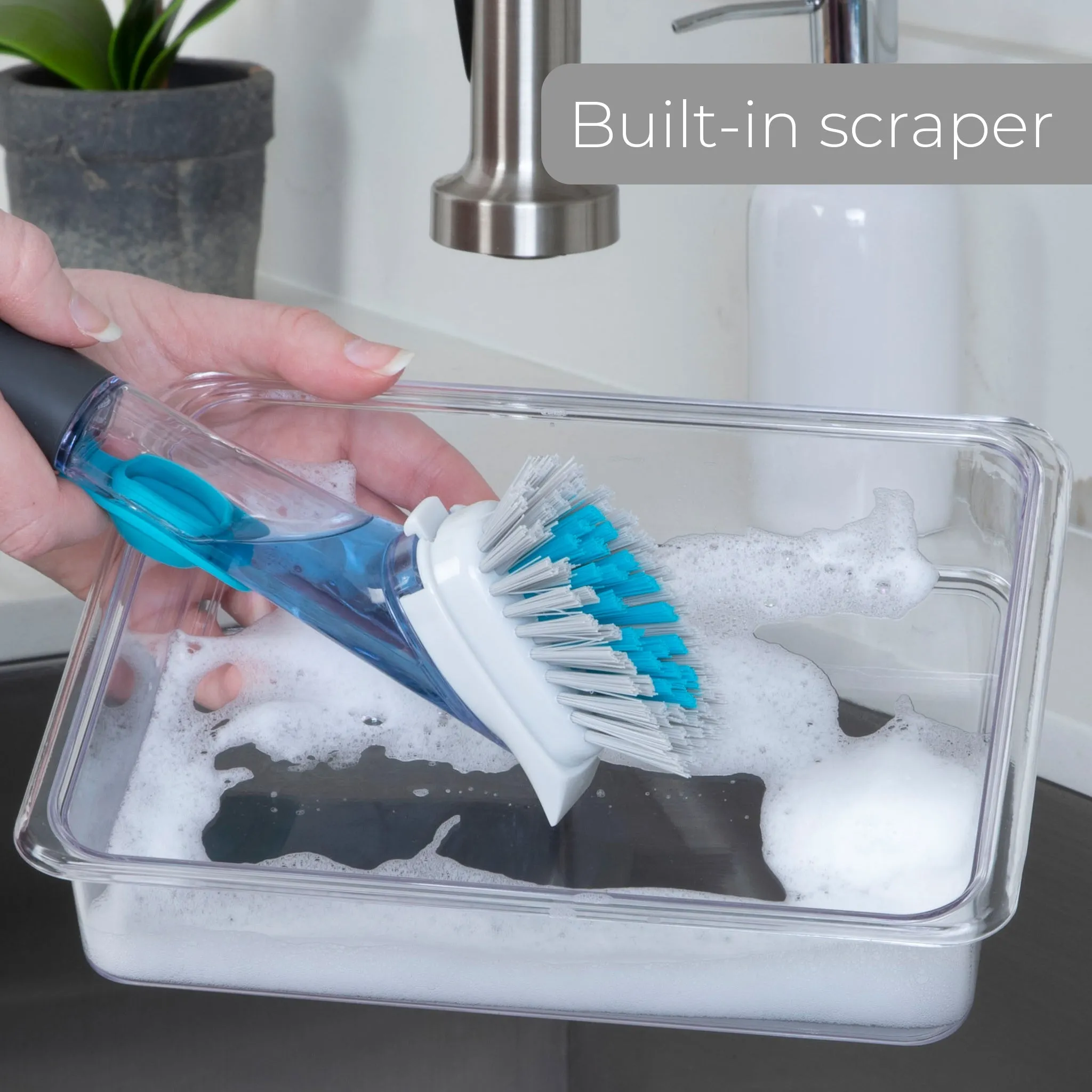 Replacement Brush Head with Built-In Scraper for Soap Dispensing Dish Wand