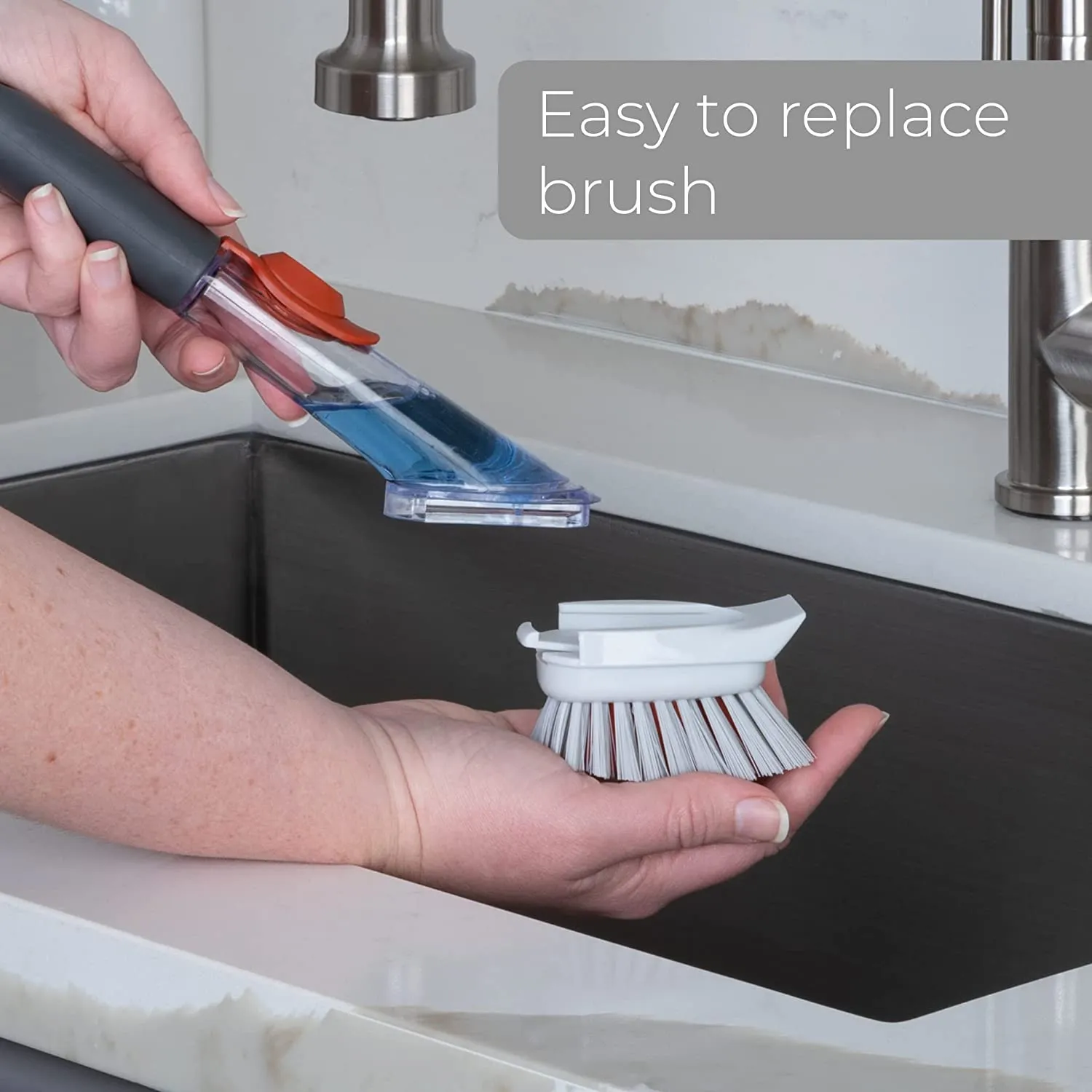 Replacement Brush Head with Built-In Scraper for Soap Dispensing Dish Wand
