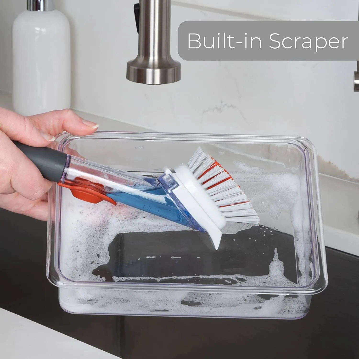 Replacement Brush Head with Built-In Scraper for Soap Dispensing Dish Wand