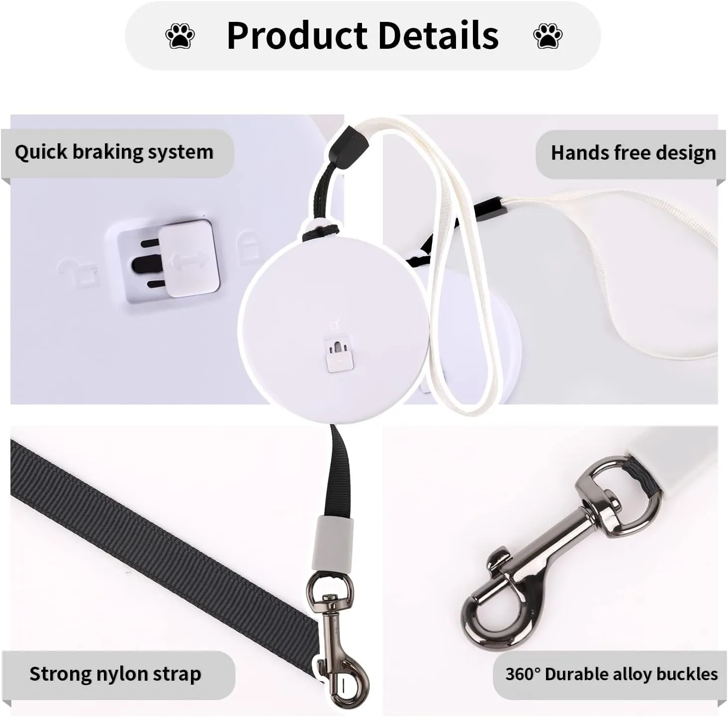 Retractable Dog Leash for Small and Medium Dogs up to 22lbs with 9.8ft Strong Nylon Tape, Hands Free, Portable and Lightweight Leash with Wrist Strap, One-Hand Brake, Tangle Free (White)