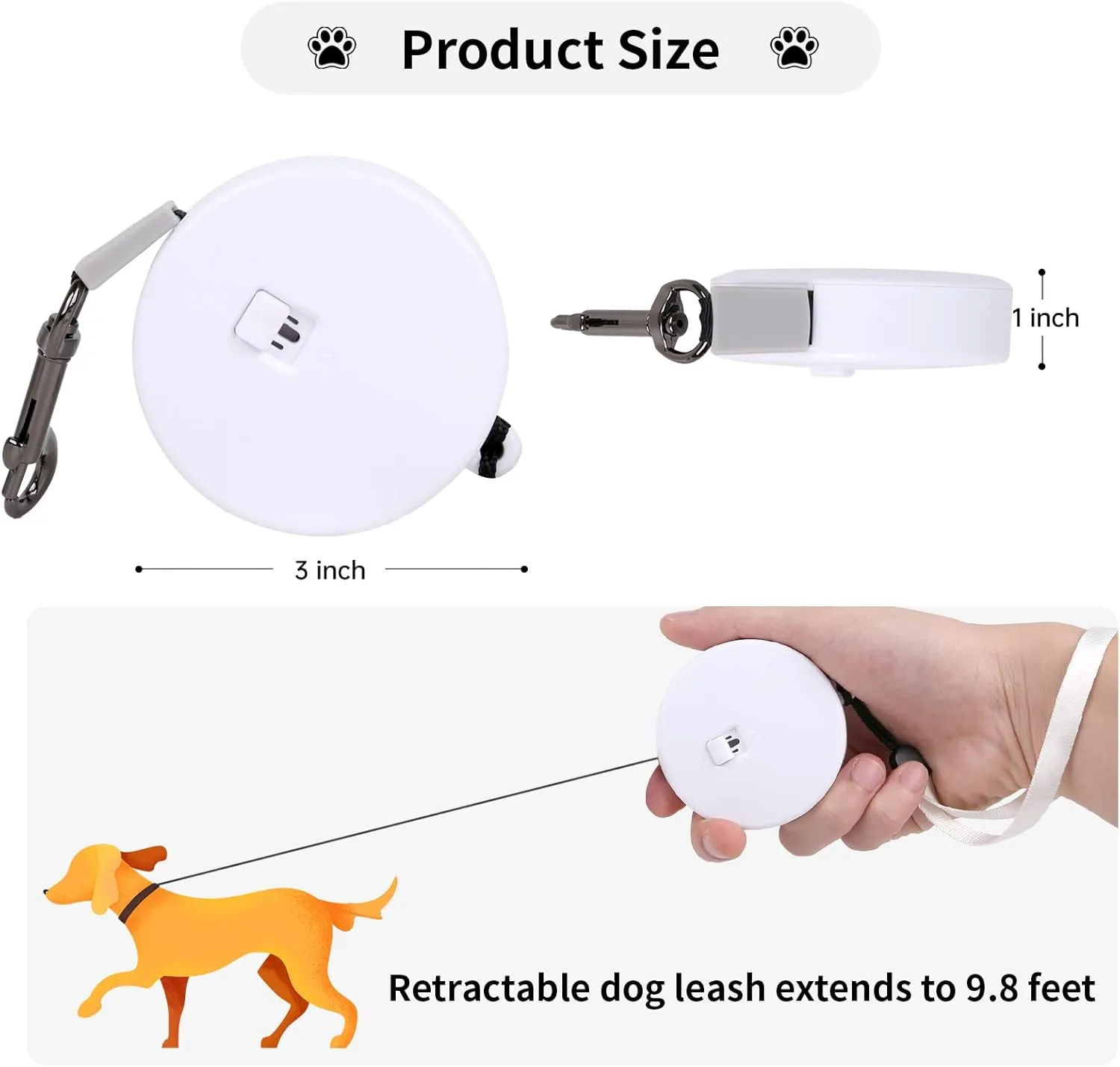 Retractable Dog Leash for Small and Medium Dogs up to 22lbs with 9.8ft Strong Nylon Tape, Hands Free, Portable and Lightweight Leash with Wrist Strap, One-Hand Brake, Tangle Free (White)
