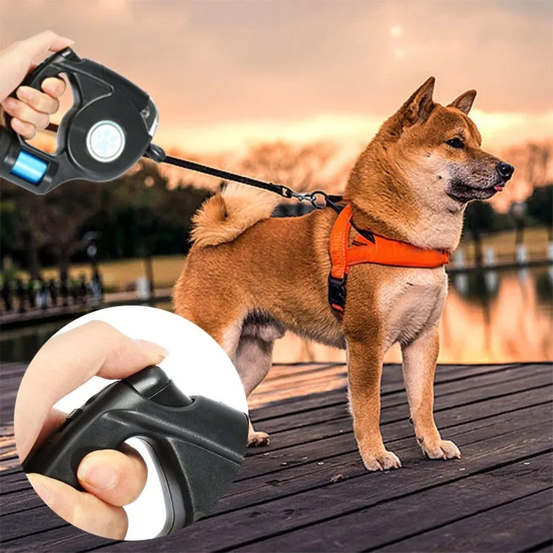 Retractable Leash w/ Built in Poop Dispenser & Flashlight