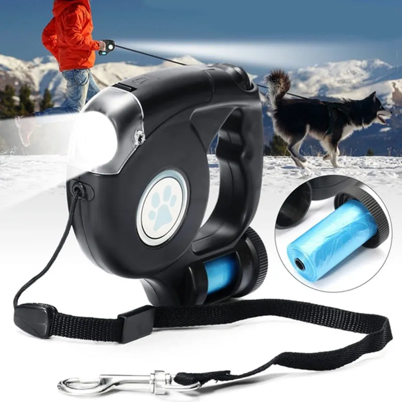 Retractable Leash w/ Built in Poop Dispenser & Flashlight