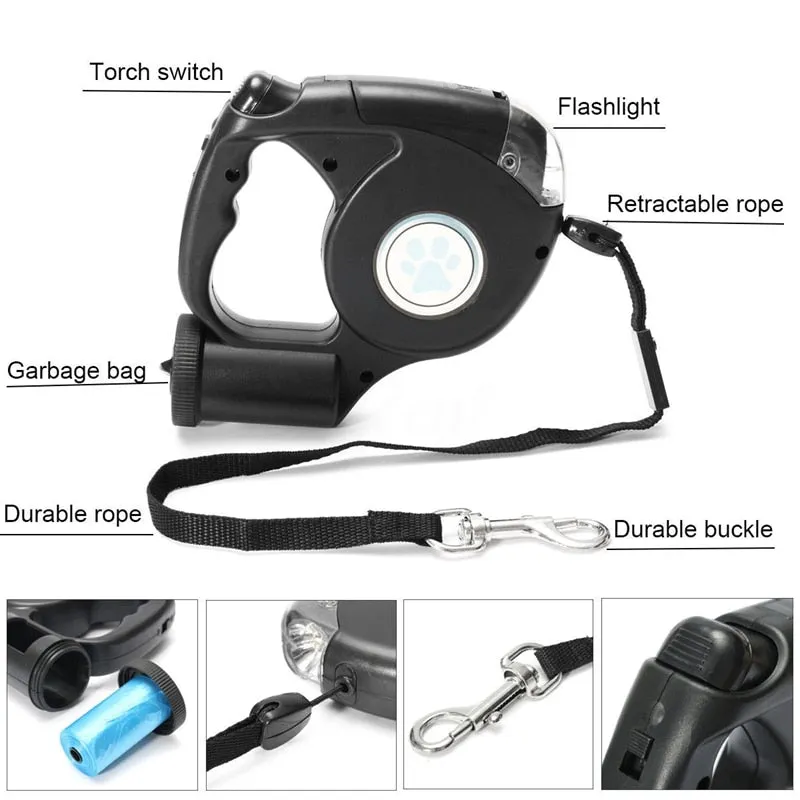 Retractable Leash w/ Built in Poop Dispenser & Flashlight