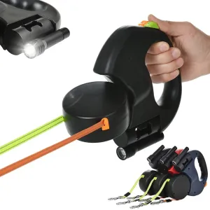 Retractable Reflective Dual Dog Leash with Lights