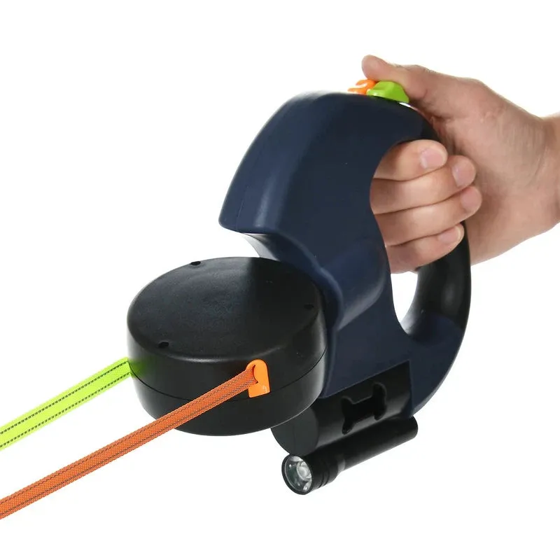 Retractable Reflective Dual Dog Leash with Lights