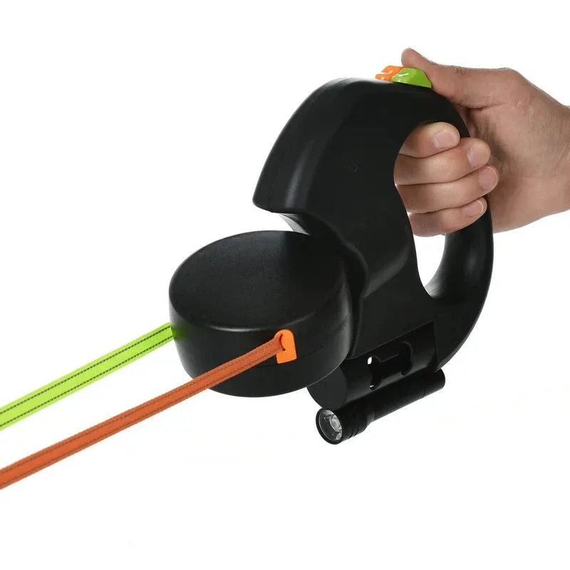 Retractable Reflective Dual Dog Leash with Lights