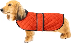 Warm Thermal Quilted Dachshund Coat, Dog Winter Coat with Warm Fleece Lining, Outdoor Dog Apparel with Adjustable Bands for Medium, Large Dog-Orange-S