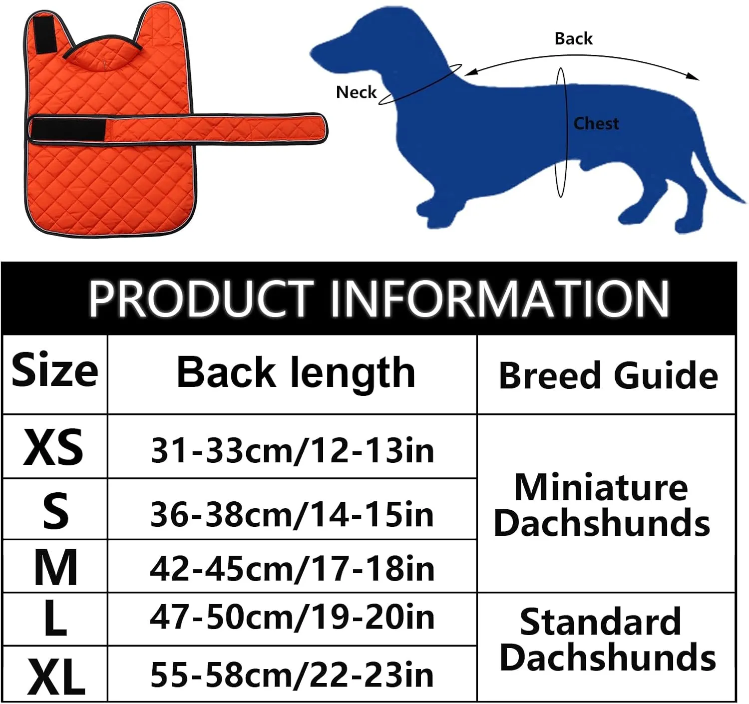 Warm Thermal Quilted Dachshund Coat, Dog Winter Coat with Warm Fleece Lining, Outdoor Dog Apparel with Adjustable Bands for Medium, Large Dog-Orange-S