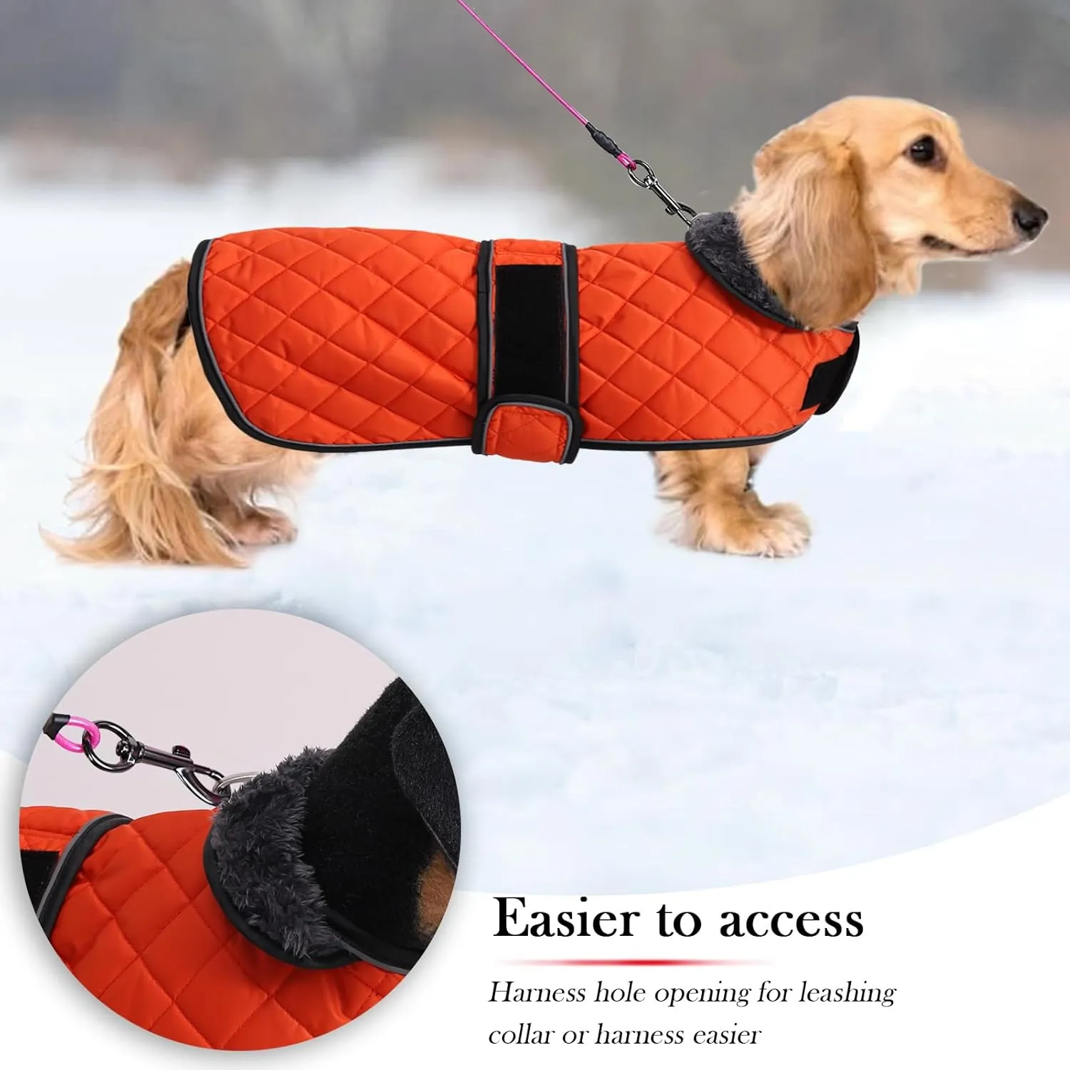 Warm Thermal Quilted Dachshund Coat, Dog Winter Coat with Warm Fleece Lining, Outdoor Dog Apparel with Adjustable Bands for Medium, Large Dog-Orange-S