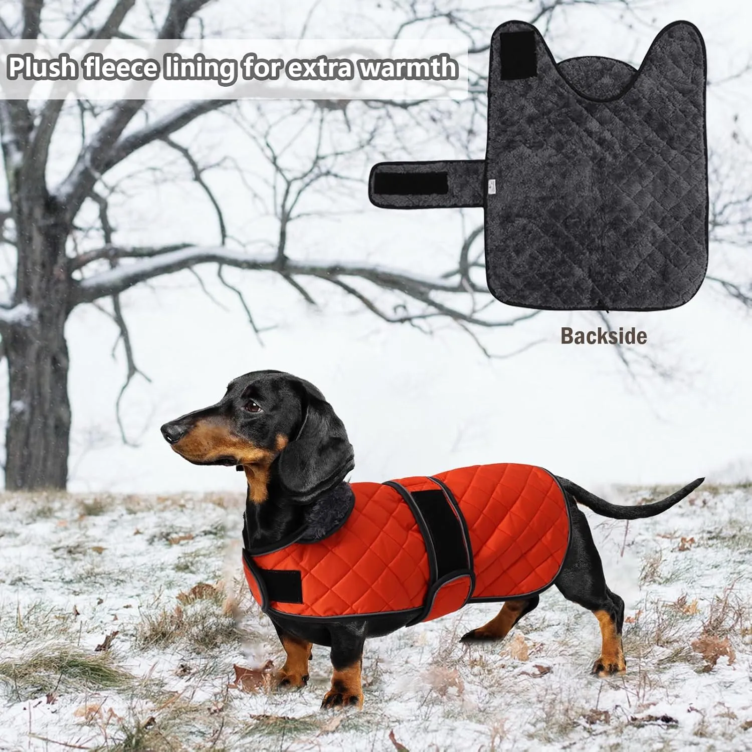 Warm Thermal Quilted Dachshund Coat, Dog Winter Coat with Warm Fleece Lining, Outdoor Dog Apparel with Adjustable Bands for Medium, Large Dog-Orange-S