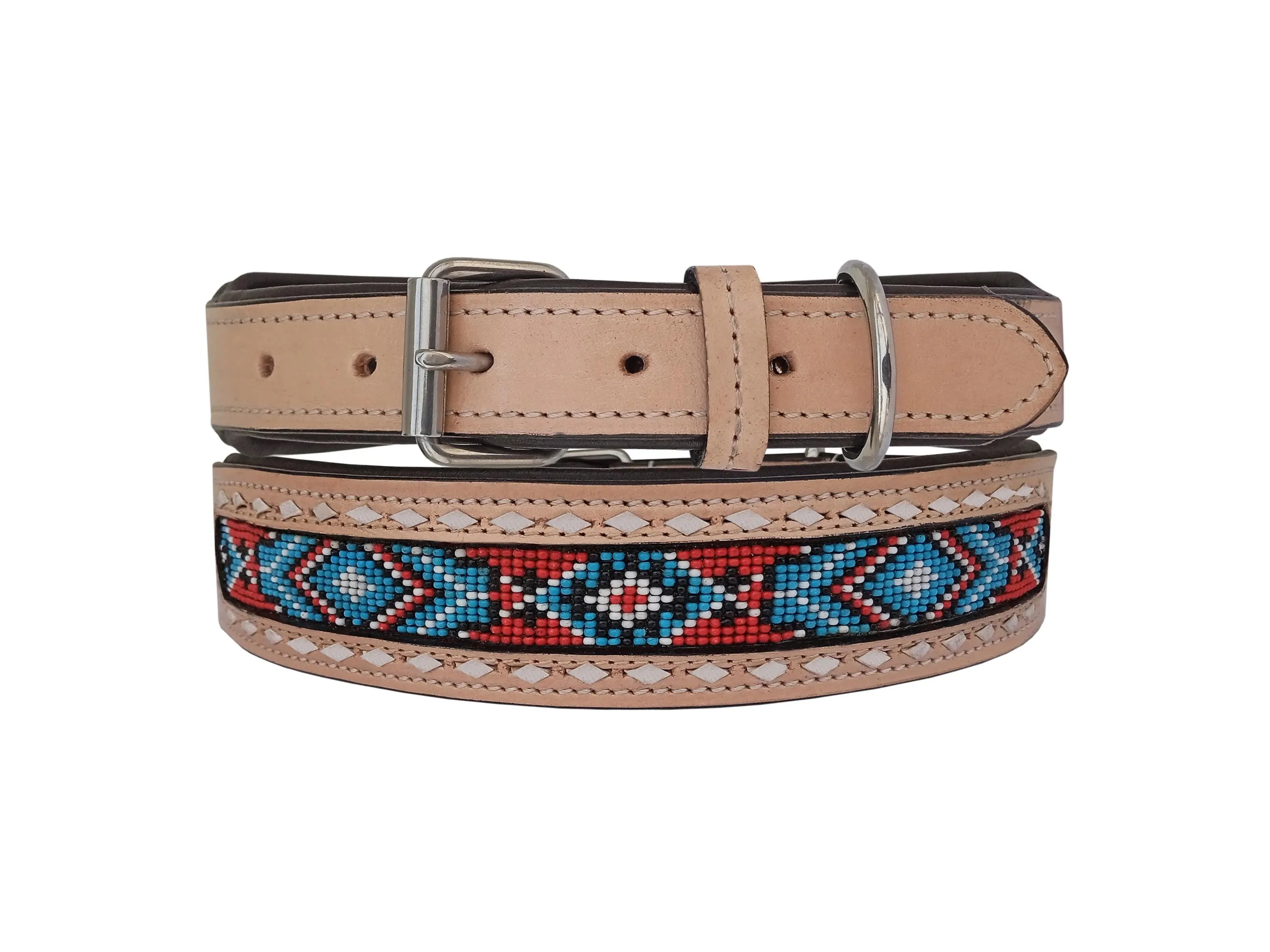 Western Style Beaded and Tooled Leather Dog Collar With Padded Soft Lining 10IS012