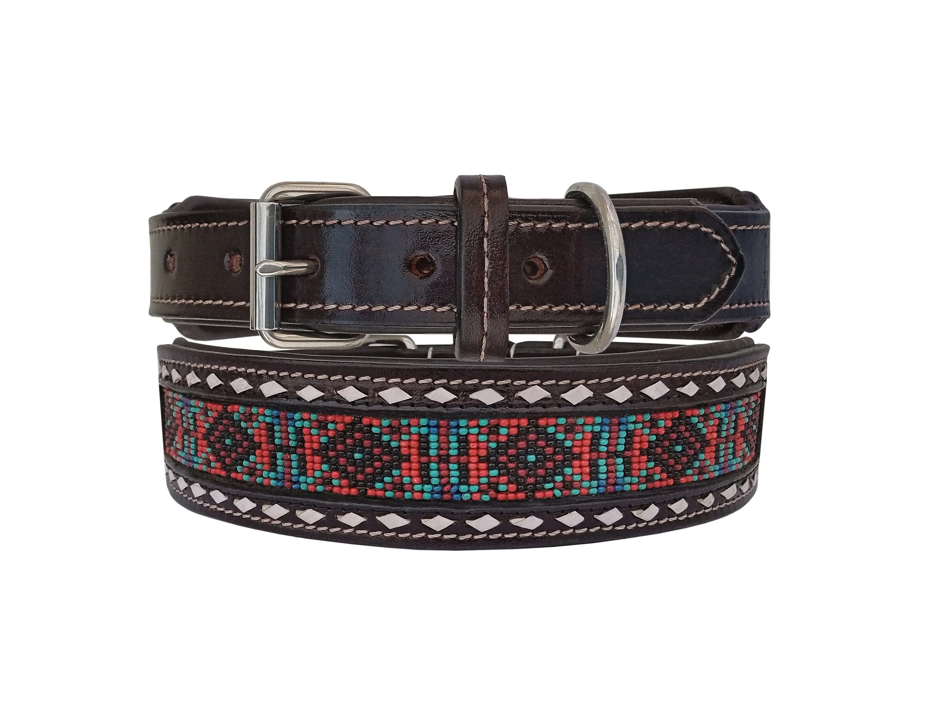 Western Style Beaded and Tooled Leather Dog Collar With Padded Soft Lining 10IS017