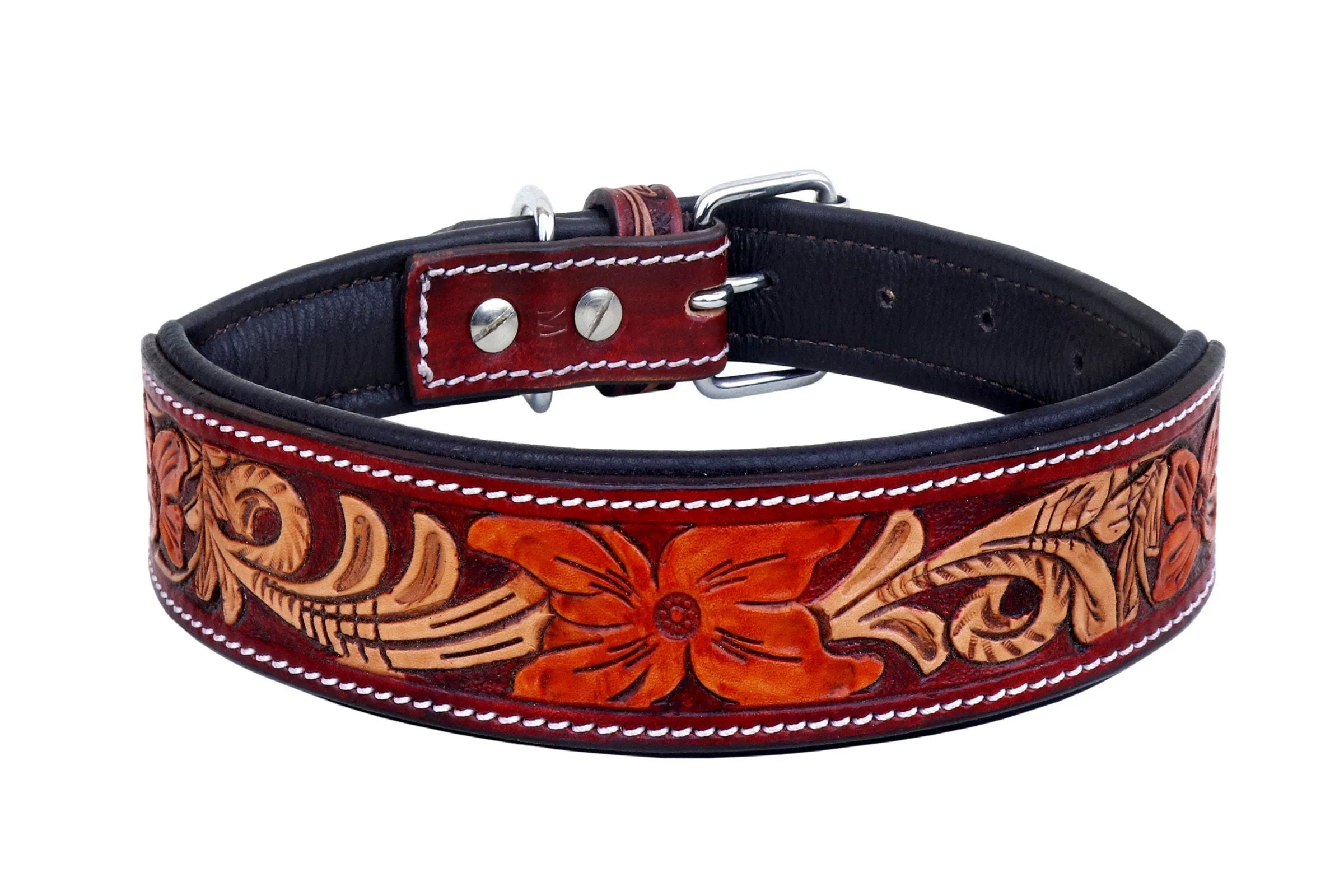 Western Style Hand Tooled Hand Finished Leather Dog Collar With Padded Soft Lining 10AB111